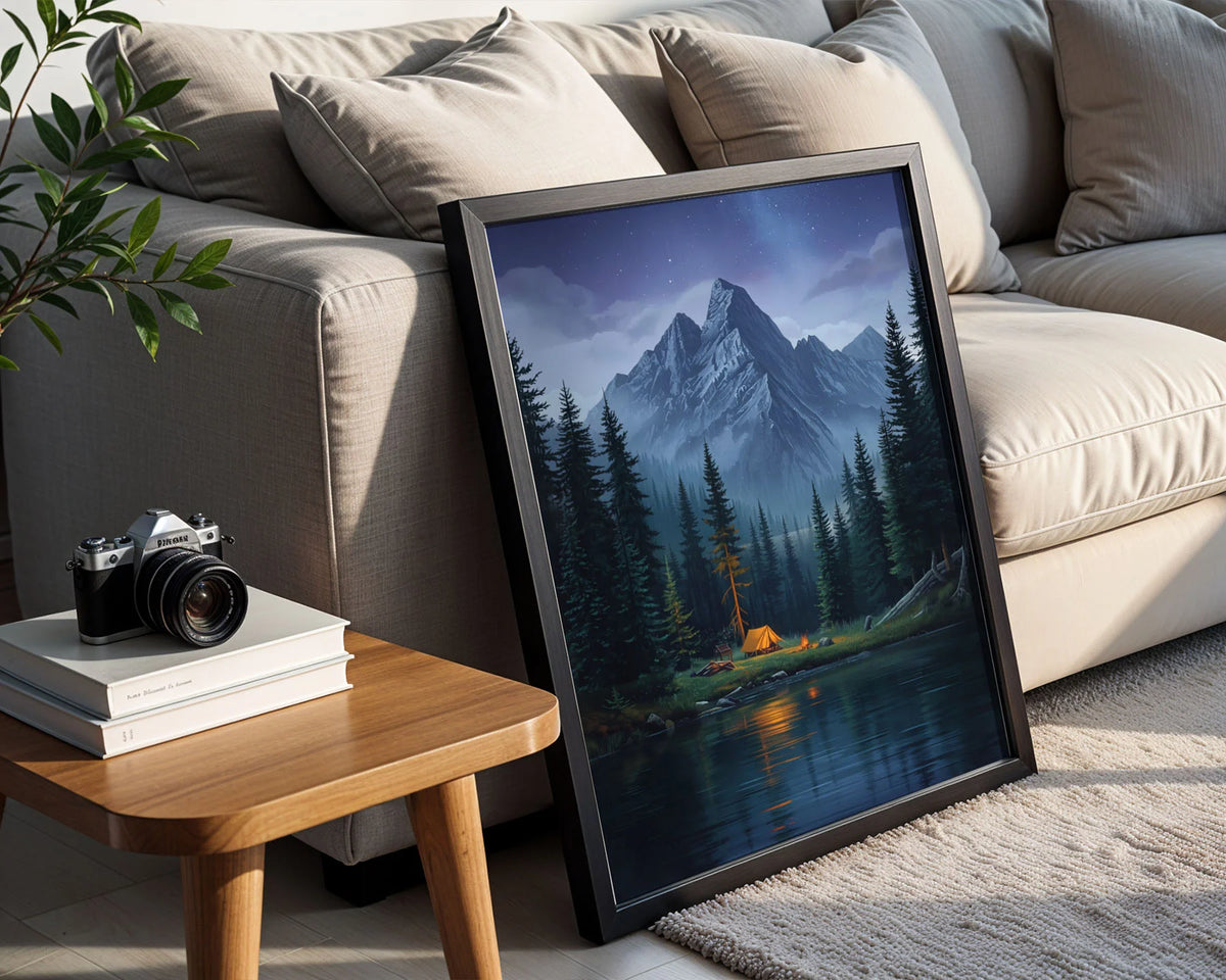 Framed Poster A3 Black Frame - Peaceful wilderness landscape with snow mountains and starry night sky