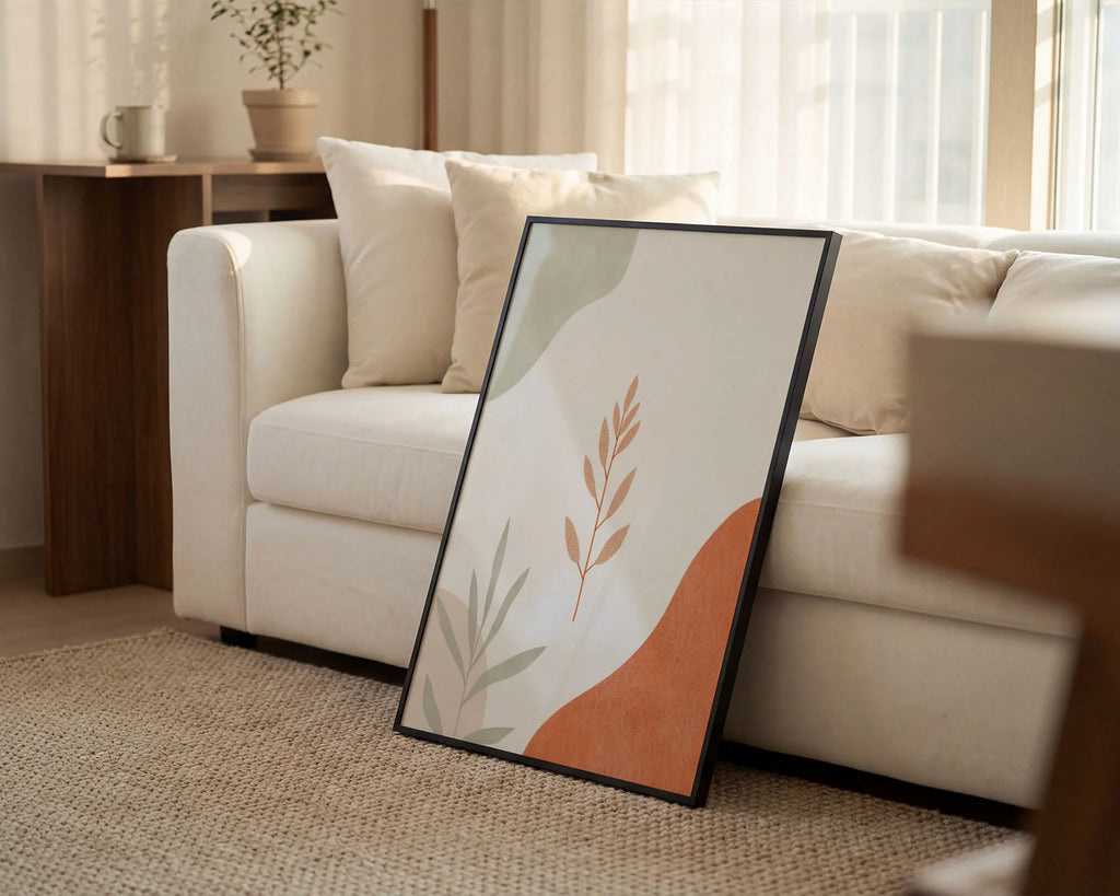 Boho Leaves Framed Print A4 Classic Wood - Delicate botanical leaf artwork with peachy and sage tones creating serene minimalist wall art in classic wood frame