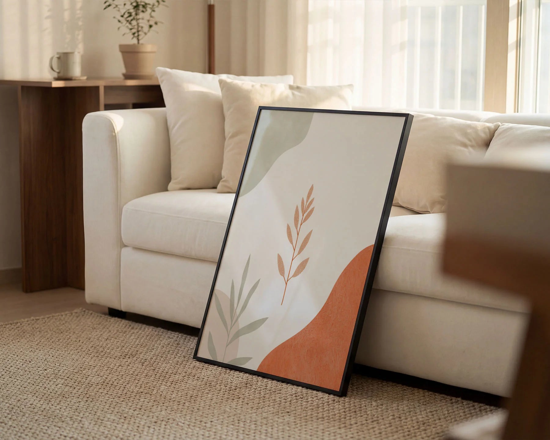Boho Leaves Framed Print A4 Classic Wood - Delicate botanical leaf artwork with peachy and sage tones creating serene minimalist wall art in classic wood frame