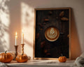 Framed Poster A4 Wood Frame - Warm autumn-inspired coffee print with detailed latte art and golden leaf accents on rustic wooden aesthetic