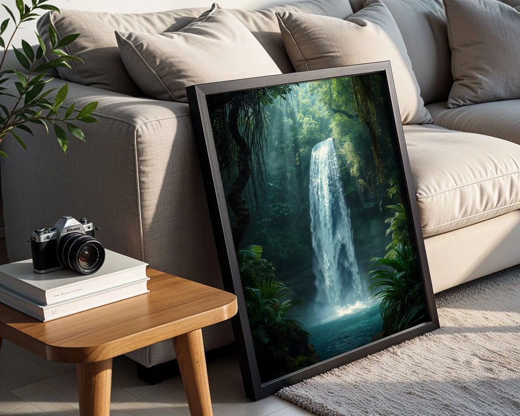 Framed Poster A2 Classic Black - Dramatic tropical waterfall print featuring powerful cascade, emerald forest walls, and palm leaves in foreground