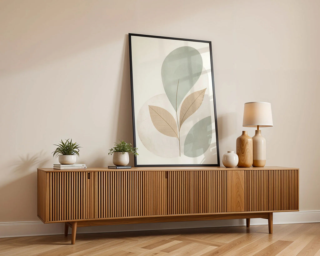 Framed Poster A2 Classic Black Frame - Modern botanical wall art featuring organic leaf shapes in calming green and beige palette
