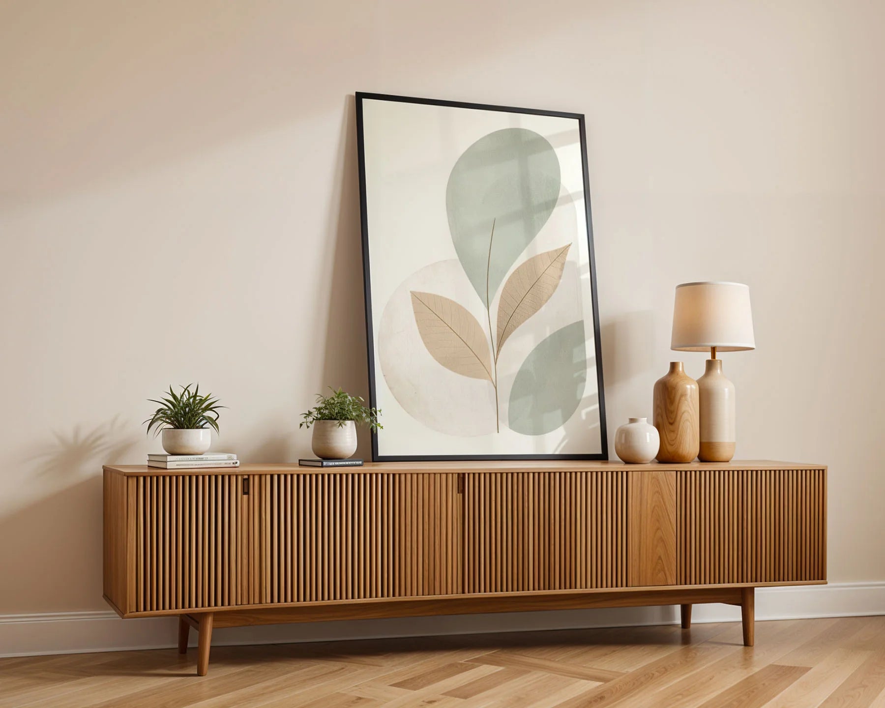 Framed Poster A2 Classic Black Frame - Modern botanical wall art featuring organic leaf shapes in calming green and beige palette