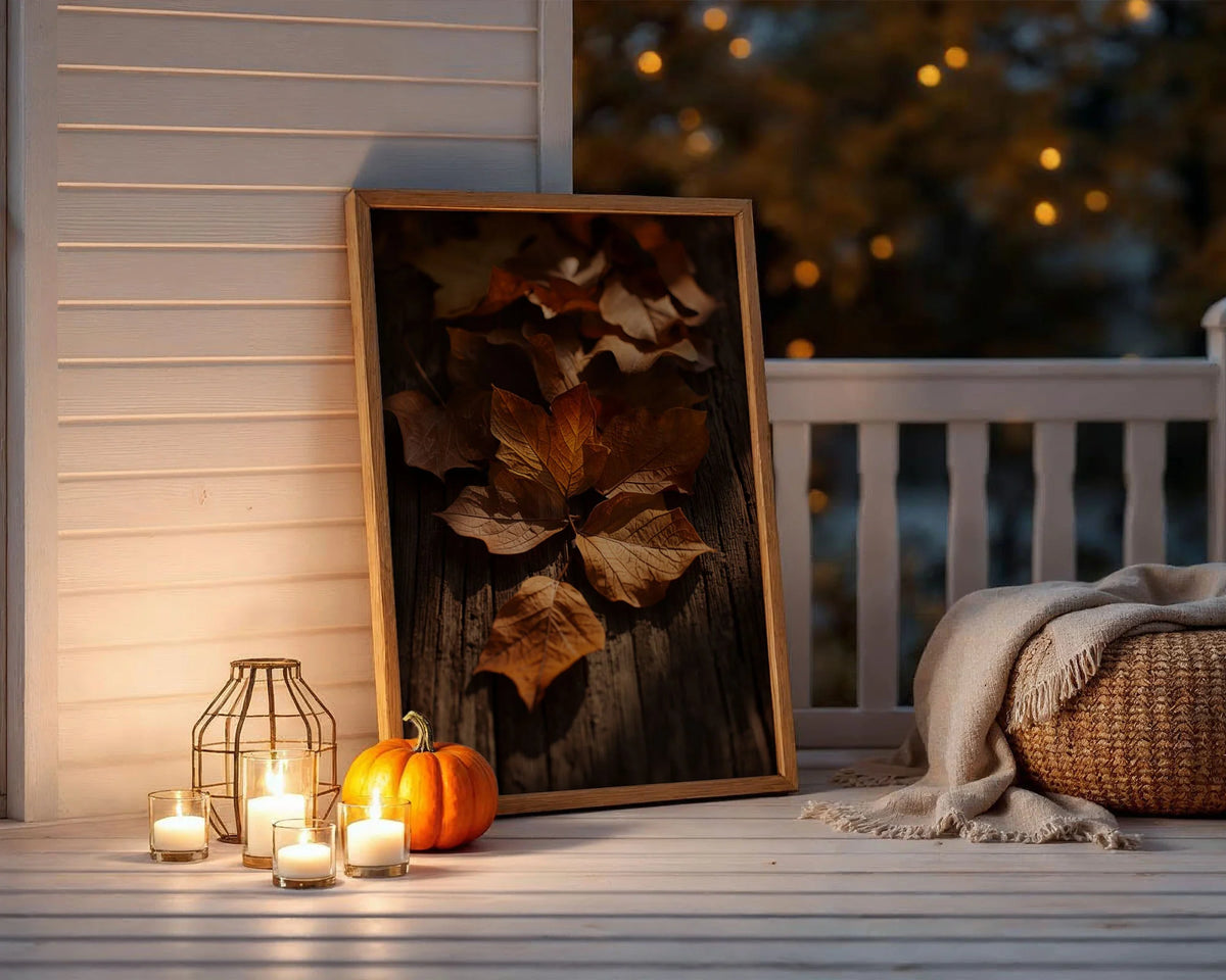 Framed Poster A2 Classic Black Frame - Large format golden and russet fall leaves on rustic wood with warm sunlit tones throughout composition