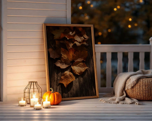 Framed Poster A2 Classic Black Frame - Large format golden and russet fall leaves on rustic wood with warm sunlit tones throughout composition