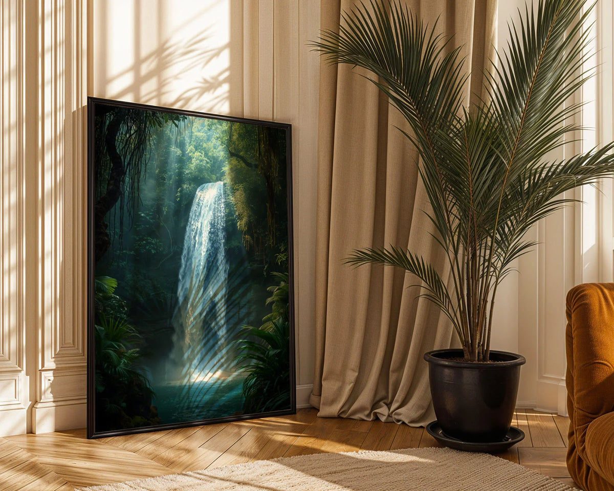 Framed Poster A4 Classic White - Peaceful jungle waterfall with sunlit mist, intricate vegetation details, and serene teal pool at waterfall base