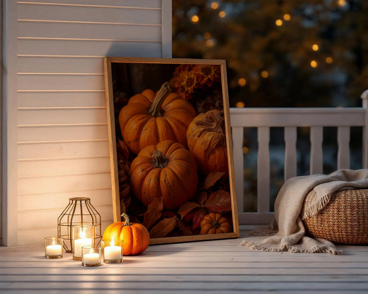 Framed Poster A2 Classic White Frame - Extra-large autumn scene with multiple pumpkins in varying sizes, texture-rich leaves, and warm-toned sunflowers