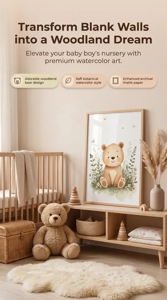 Baby Bear Woodland Framed Print: Nursery Wall Art A2-A4