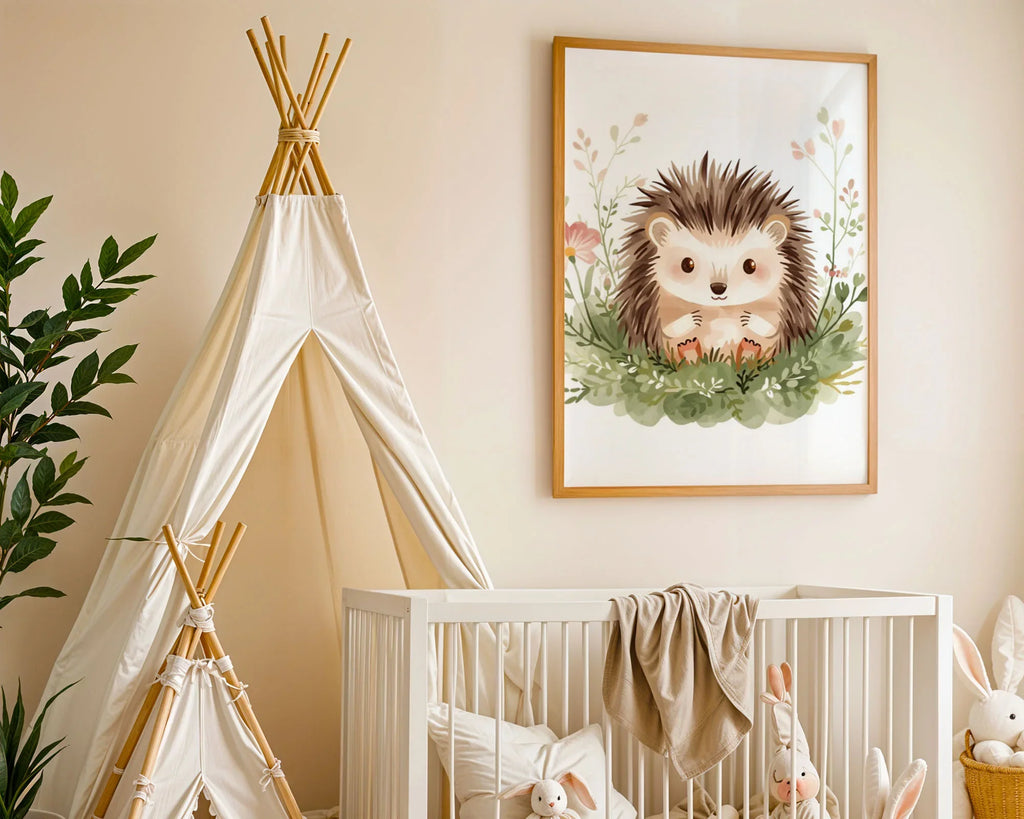 Enhanced Archival Matte A4 Classic Black Frame - Charming hedgehog wall art with pink and cream wildflowers, soft green foliage frame on archival paper