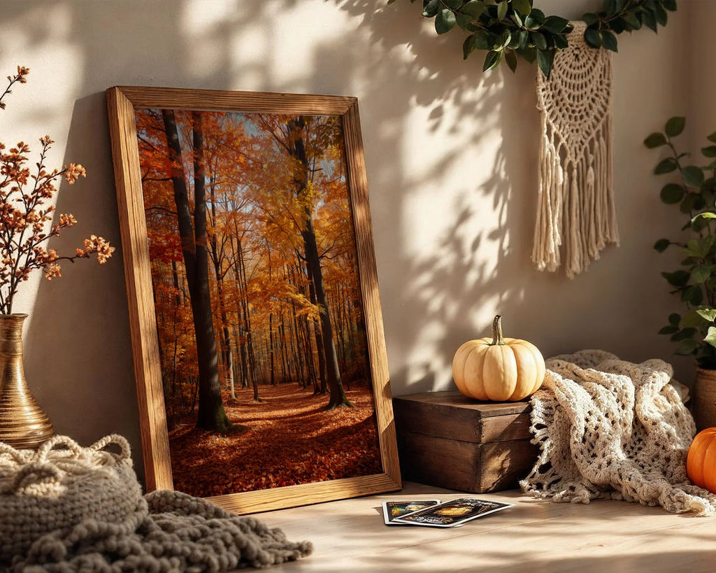 Framed Poster A2 White Frame - Majestic autumn woodland with rich colour palette of orange, gold, and brown forest scene