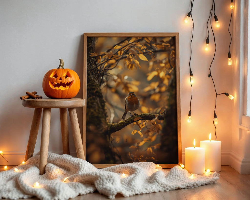Framed Poster A2 Classic Black Frame - Large-scale robin artwork showcasing warm autumn tones and bokeh-blurred leaf background