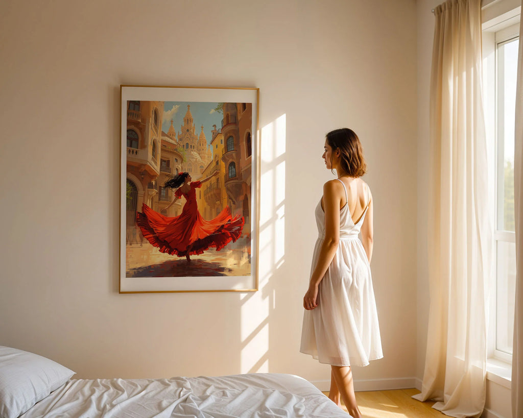 Framed Poster A4 No Frame - Red-dressed dancer in motion with architectural golden buildings and blue sky background