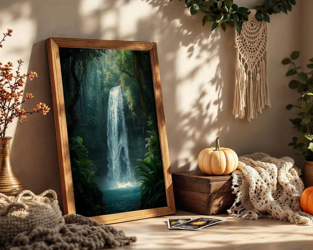 Framed Poster A3 Natural Wood - Lush tropical waterfall scene with hanging vines, golden canopy light, white cascading water, and rich green forest