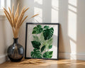 Framed Poster A4 Classic White - Minimalist green Monstera leaf design with clean lines on white matted poster