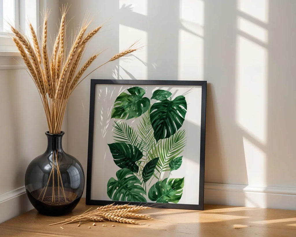 Framed Poster A4 Classic White - Minimalist green Monstera leaf design with clean lines on white matted poster