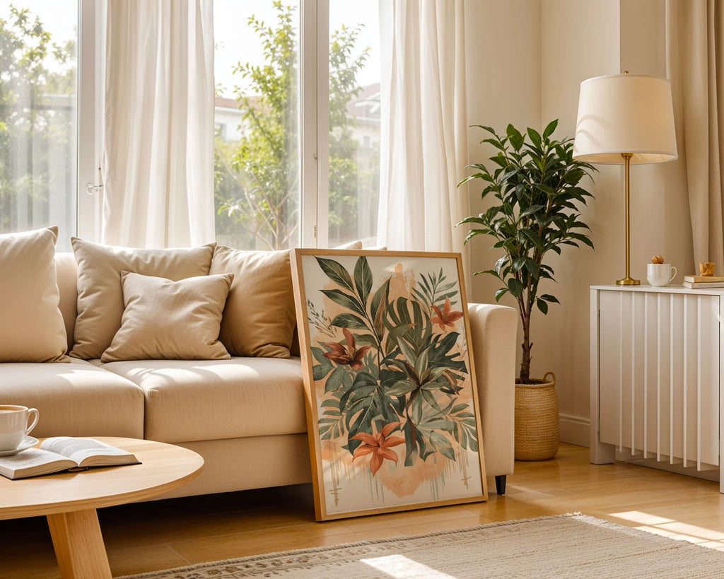 Framed Poster Wall Display - Complete bohemian botanical artwork featuring layers of green foliage, rust flowers, and artistic splatter details