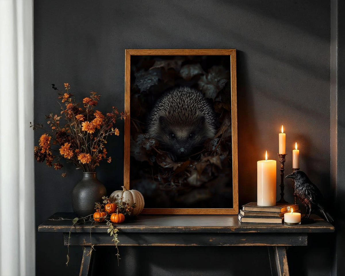 Hedgehog Framed Print A2 White Frame - Oversized hedgehog portrait on premium matte paper showing intricate fur detail and serene expression in forest environment