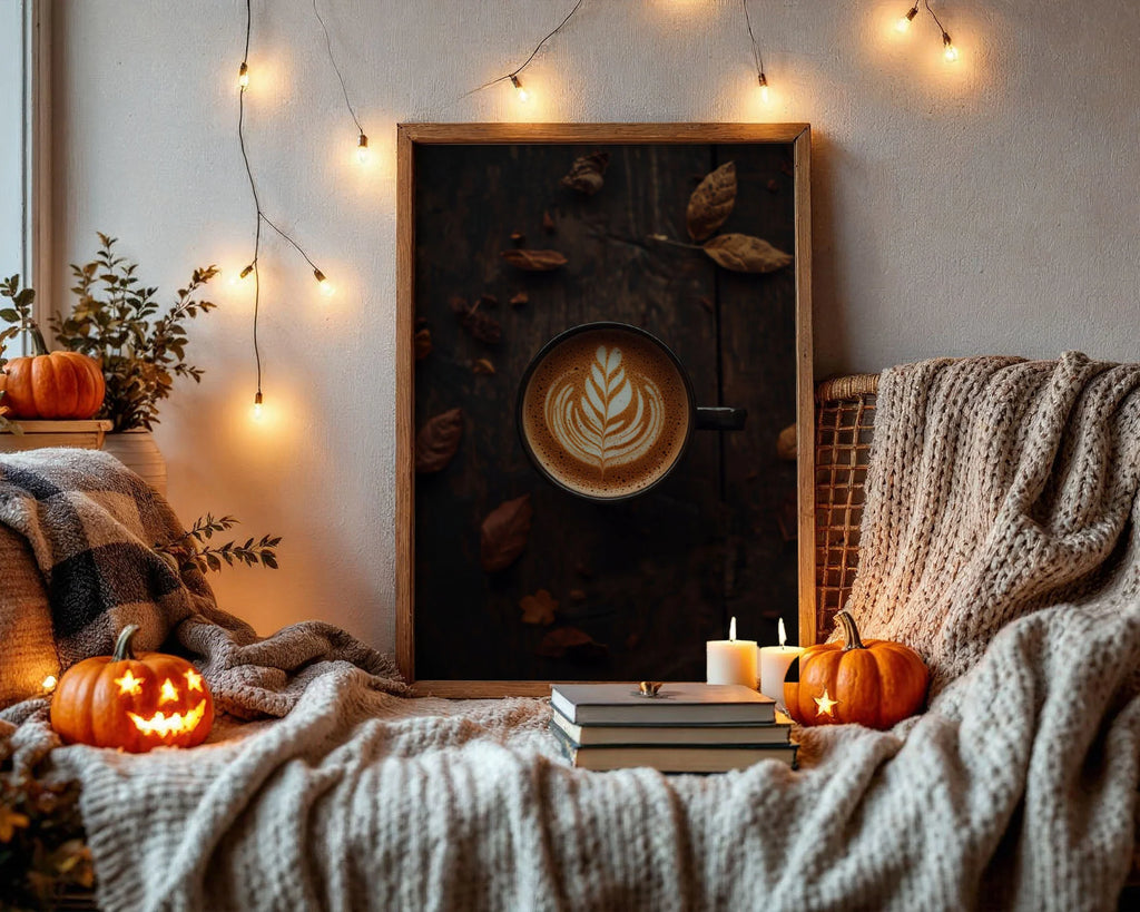 Framed Poster A3 Black Frame - Artistic cafe latte with professional latte art set against dark textured wood and scattered autumn foliage