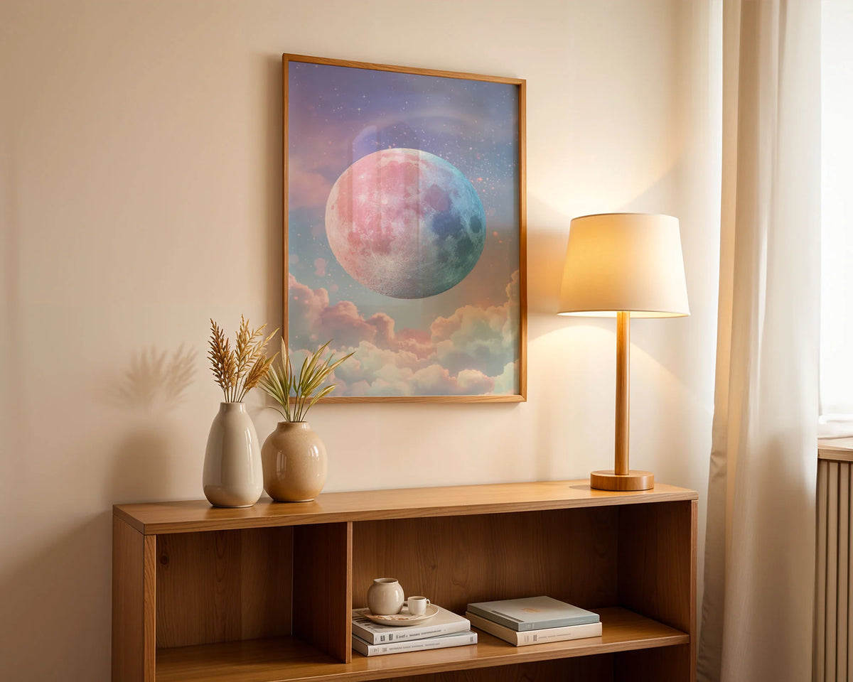 Unframed Poster Print A4 - Beautiful celestial moon artwork on archival matte paper showing intricate lunar details in soothing pink and blue gradient colours