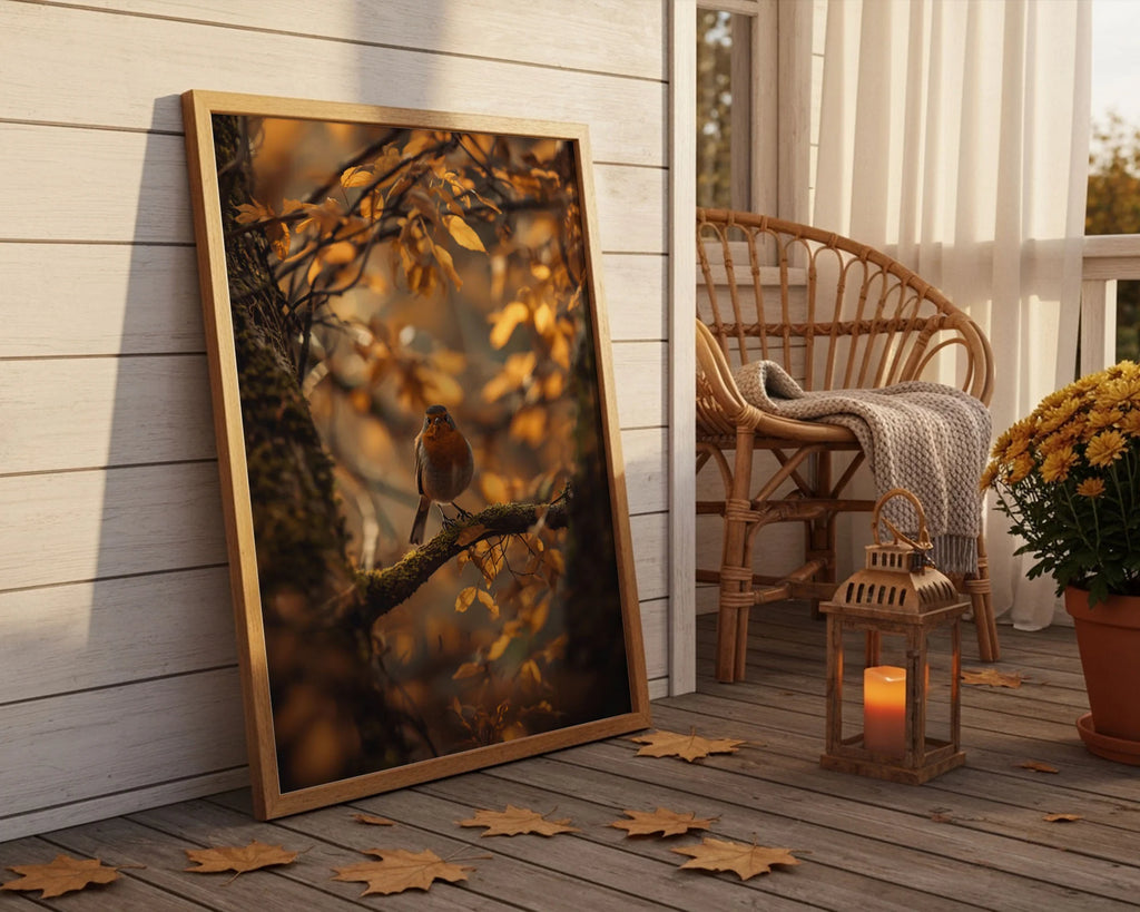Framed Poster A3 Classic White Frame - Beautiful bird surrounded by warm golden tones of autumn leaves in soft natural lighting