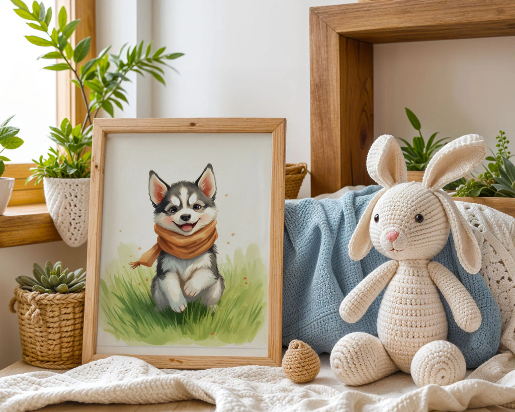 Framed Print A3 Black Frame - Cute husky puppy watercolor art ready to hang for dog lover spaces
