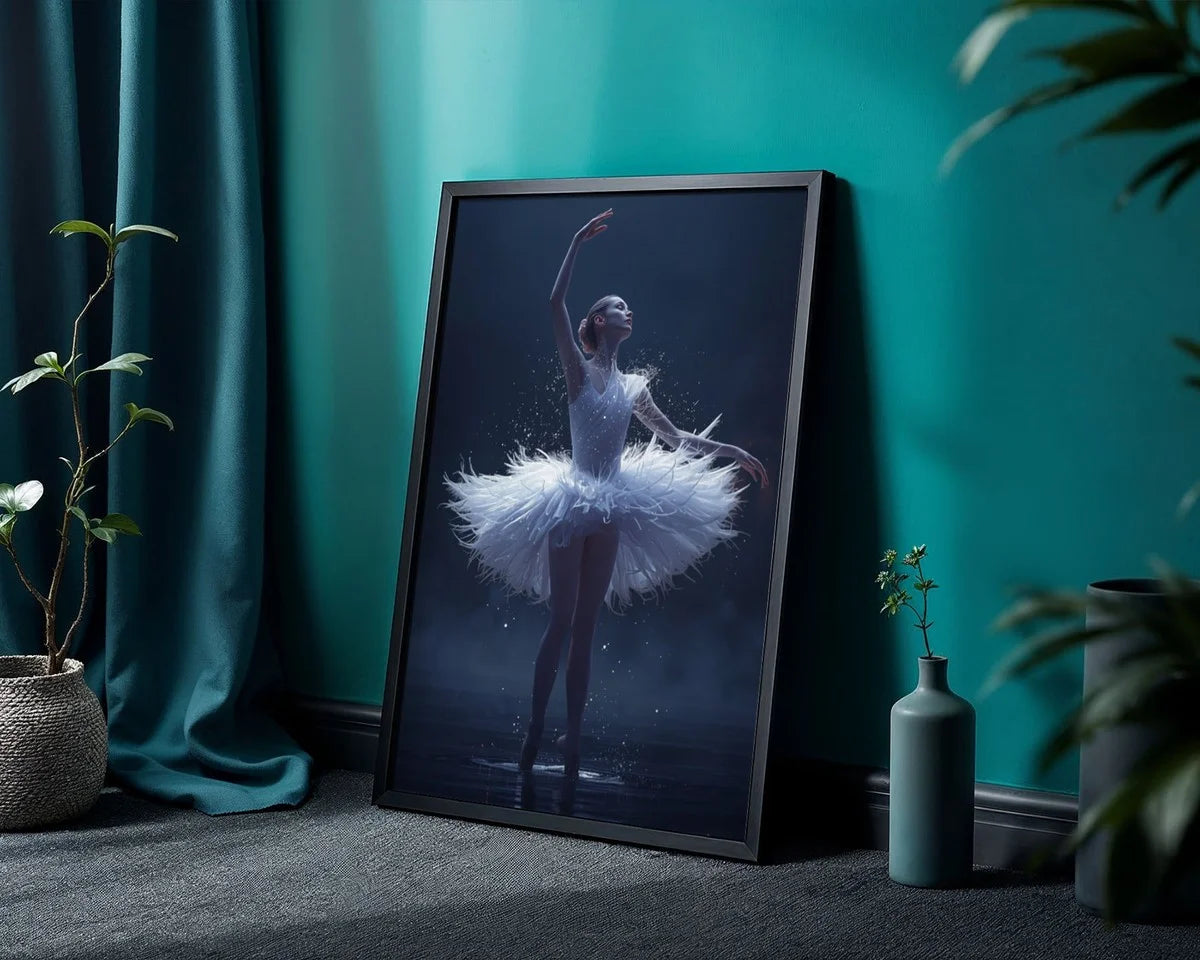 Framed Posters A3 Enhanced Archival Matt - Young dancer mid-performance with radiant white dress on moody blue stage setting