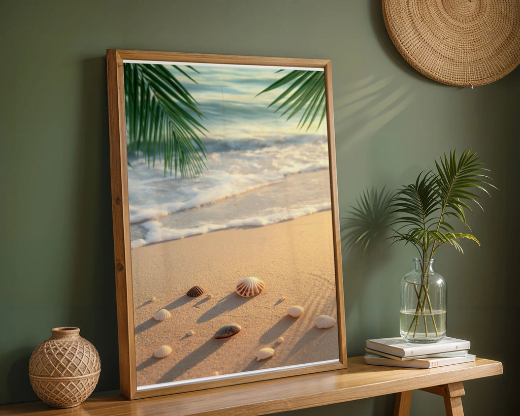 Framed Poster A2 Classic White Frame - Large scale beach waves artwork with cream and tan seashells, white foaming waves, and green tropical palm leaves