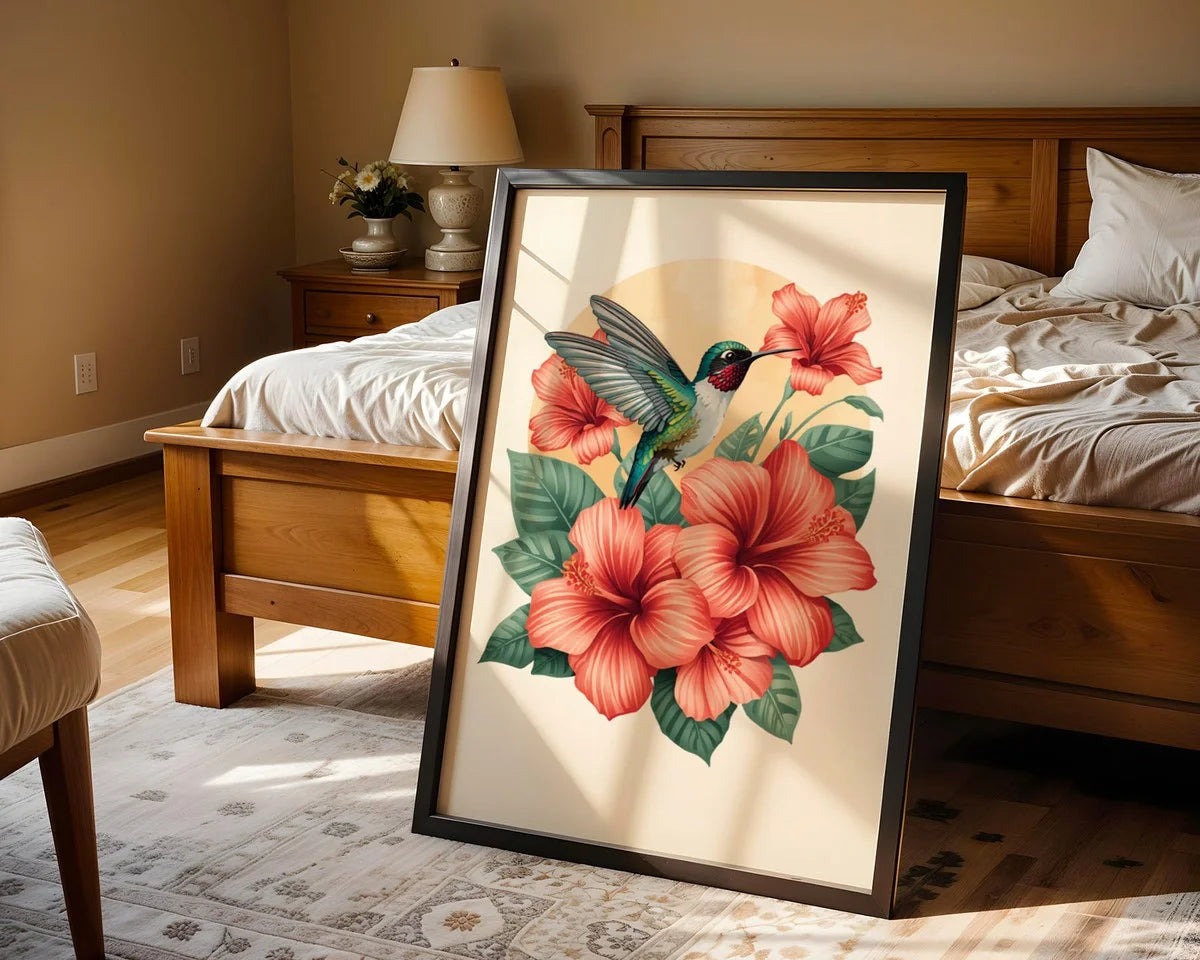 Framed Poster A4 Classic White - Detailed hummingbird with teal and emerald plumage among blooming hibiscus flowers on soft cream