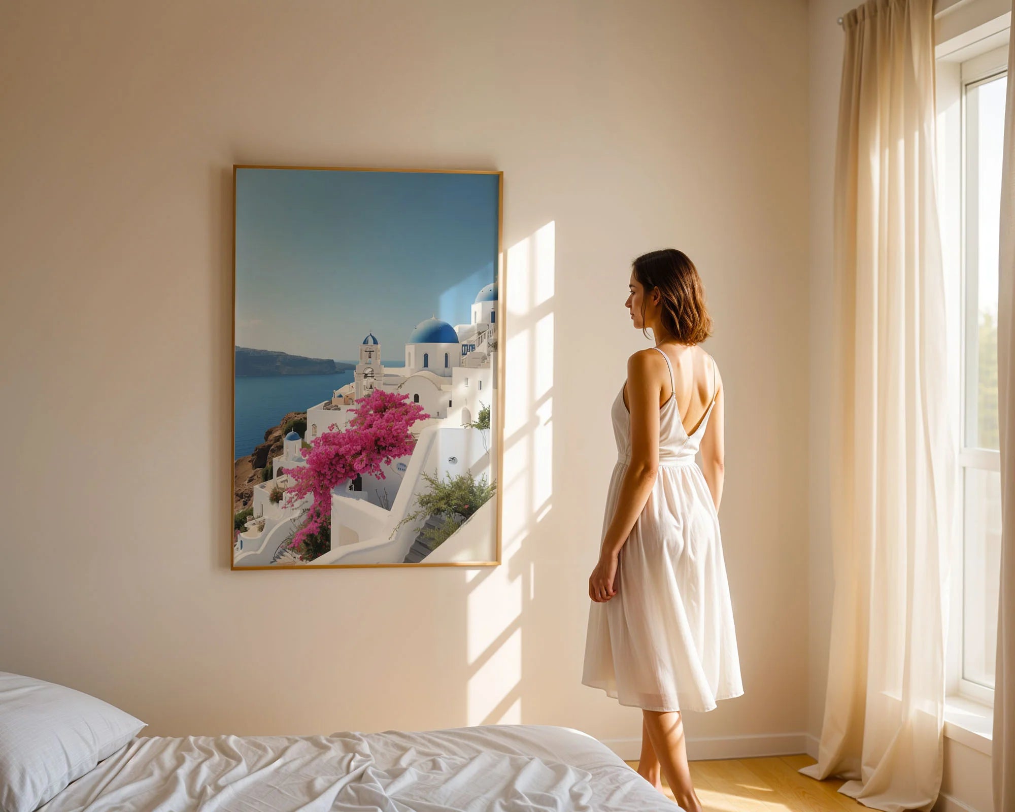 Framed Poster A3 Black Frame - Serene Santorini landscape with multiple white cubic buildings, blue-topped churches, and azure waters capturing Greek island tranquility