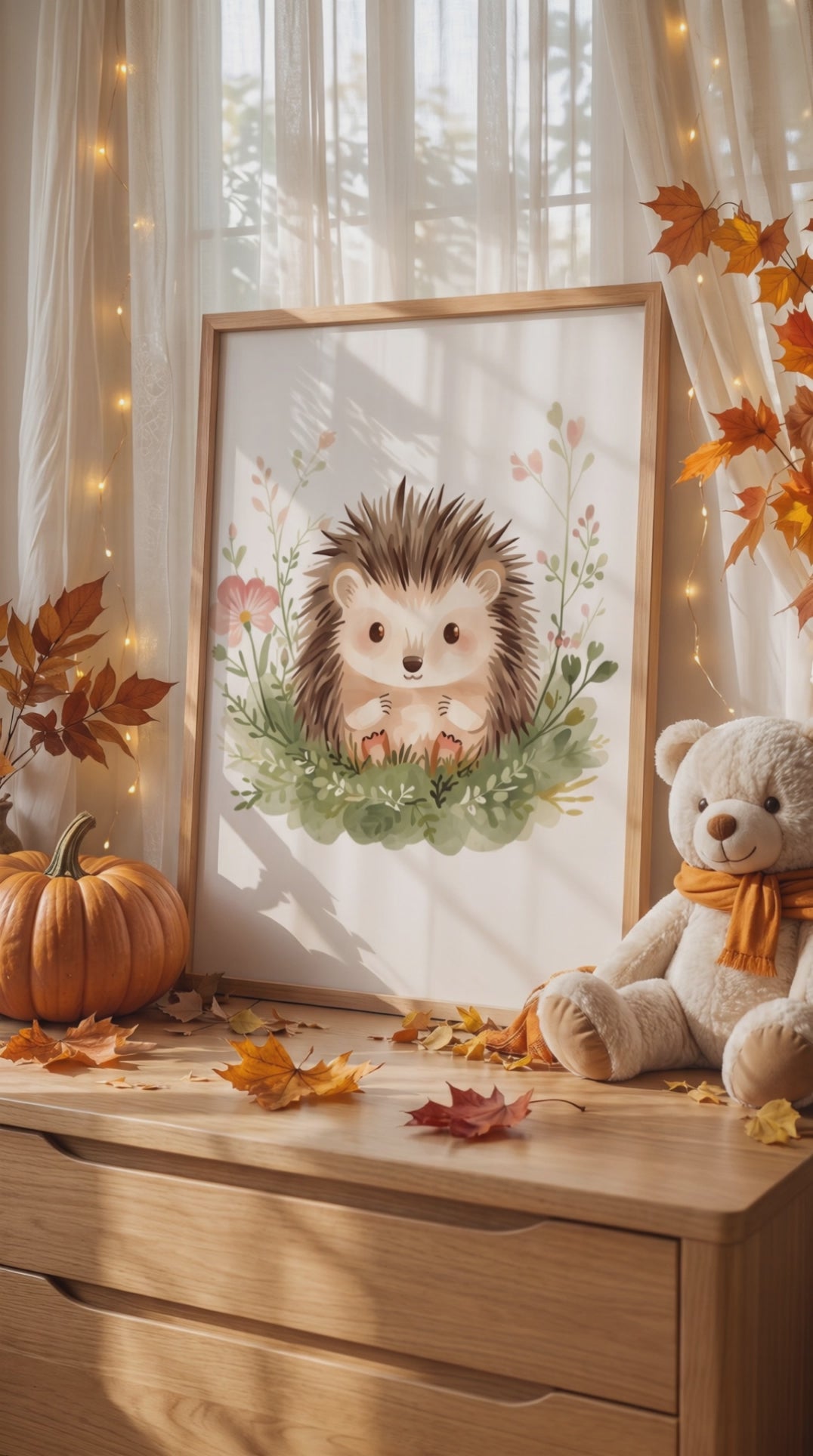 Hedgehog Framed Print: Nursery Wall Art with Wildflowers A4-A2