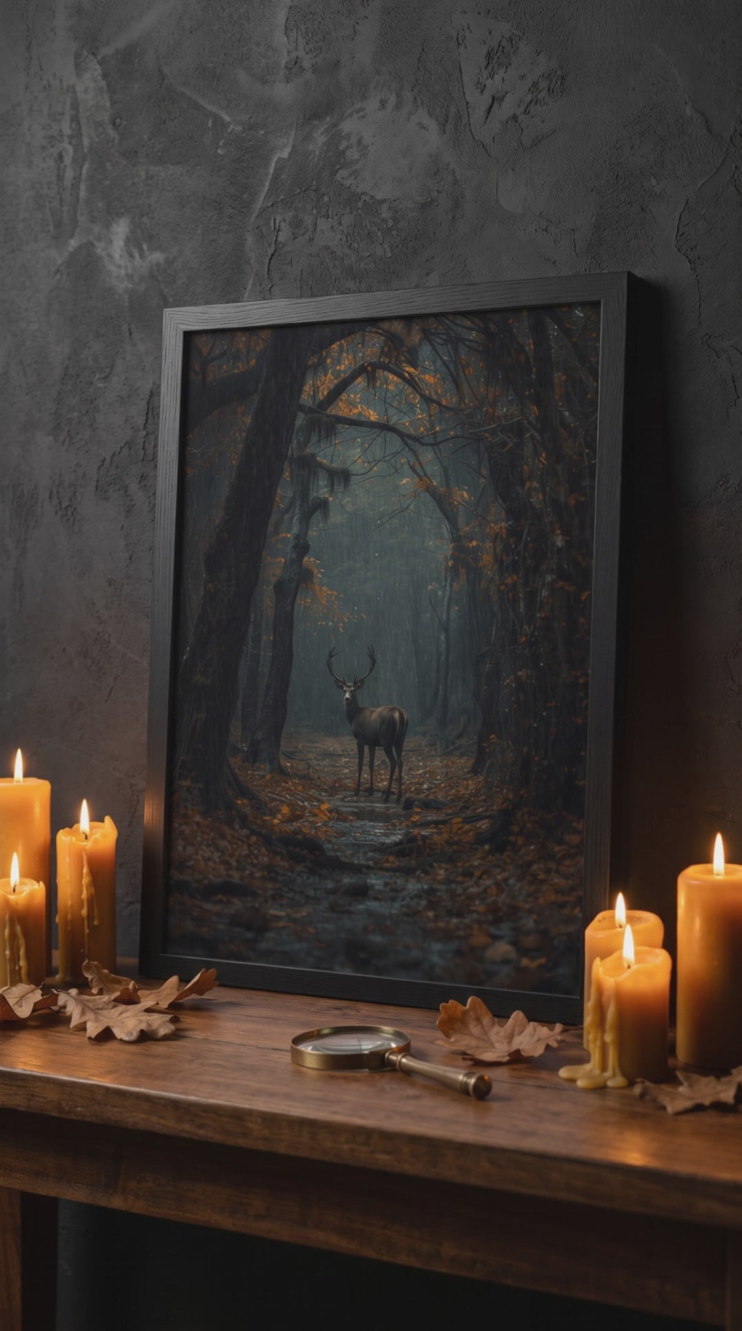 Stag in Woods Framed Print: Moody Forest Art A4-A2
