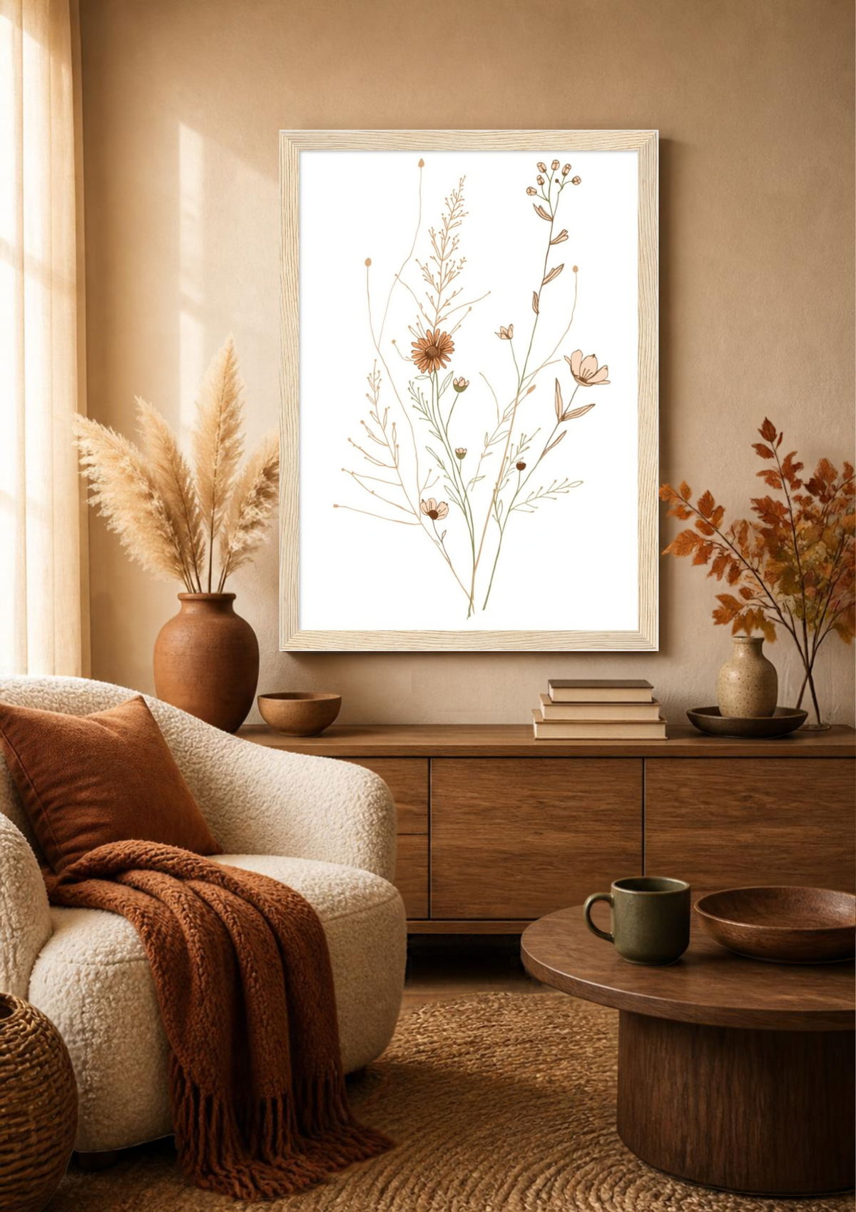 Boho Floral Framed Print: Minimalist Line Art Botanical Poster