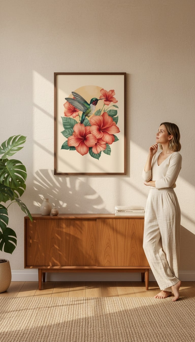 Hummingbird Framed Print: Tropical Hibiscus Wall Art A4-A2