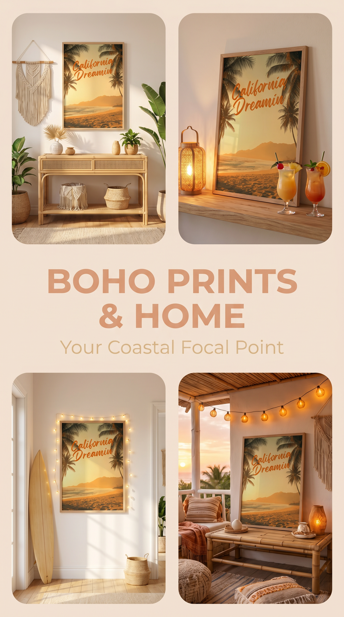 California Dreaming Beach Framed Poster: Sunset Palm Print A4-A2