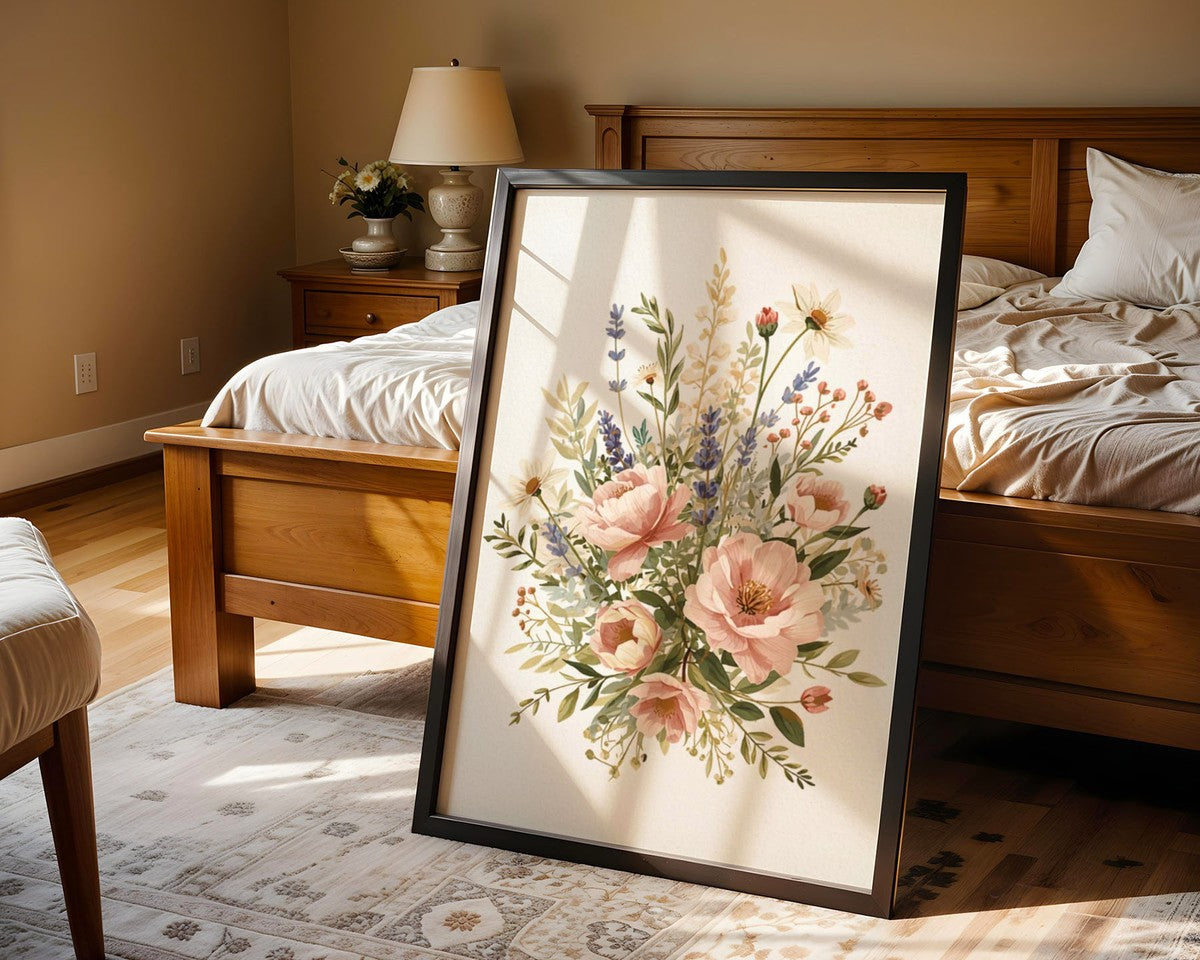 Floral Botanical Wall Art Print: Pink Roses Lavender A2 A3