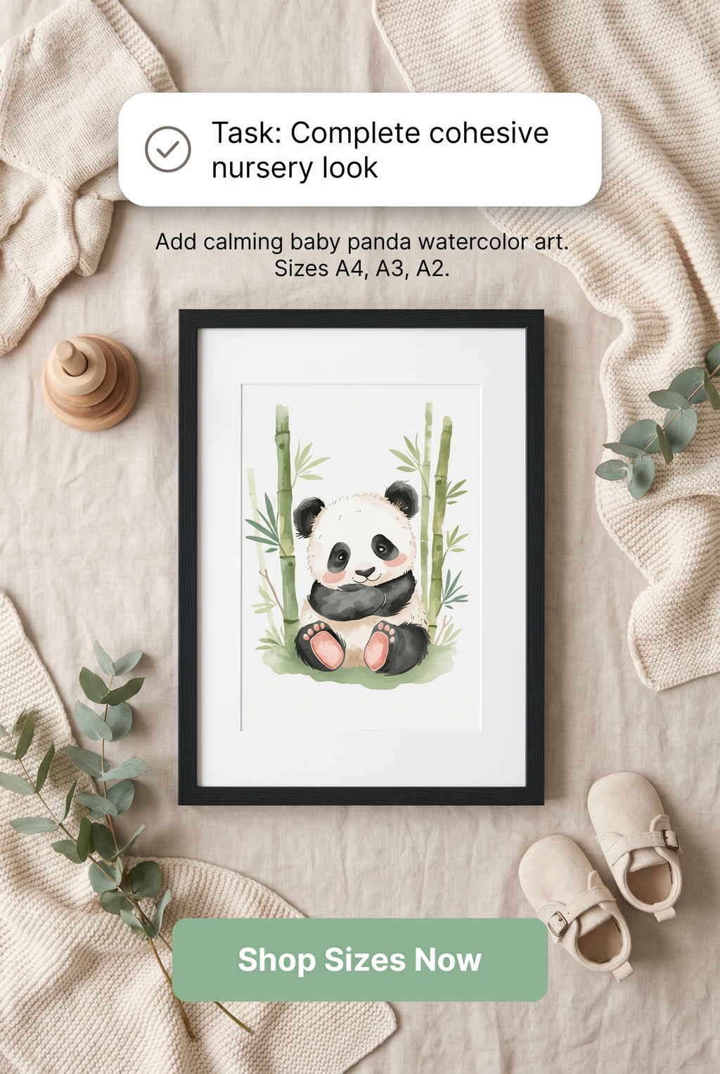 Cute Panda Nursery Wall Art: Framed Print A4 A3 A2