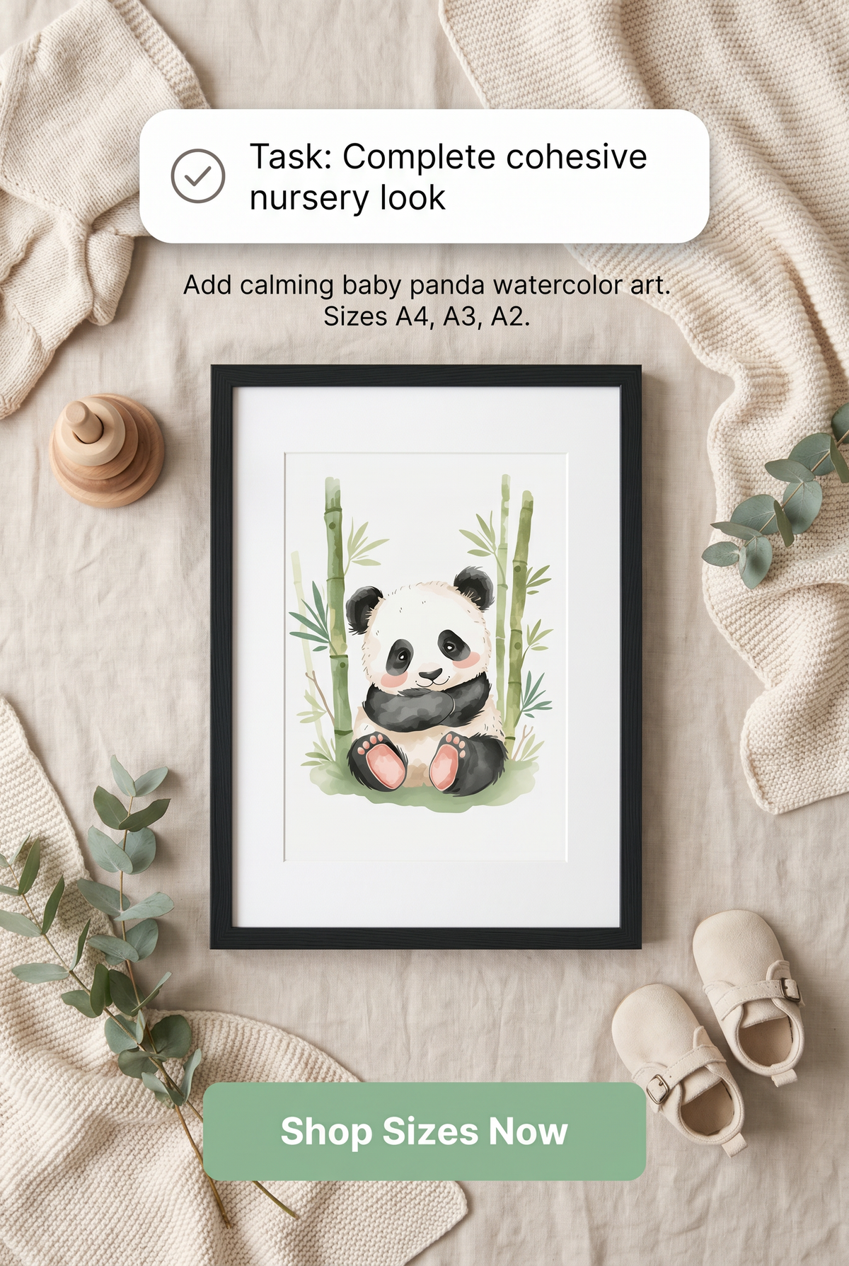 Cute Panda Nursery Wall Art: Framed Print A4 A3 A2