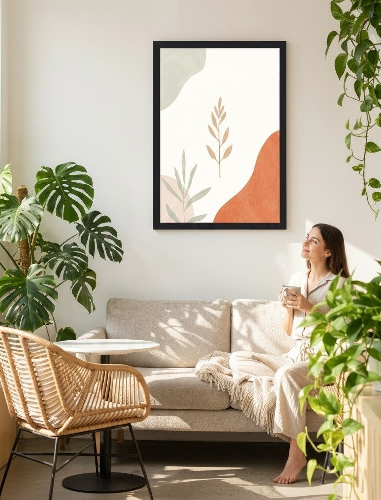 Boho Leaves Framed Print: Modern Minimalist Wall Art A4-A2