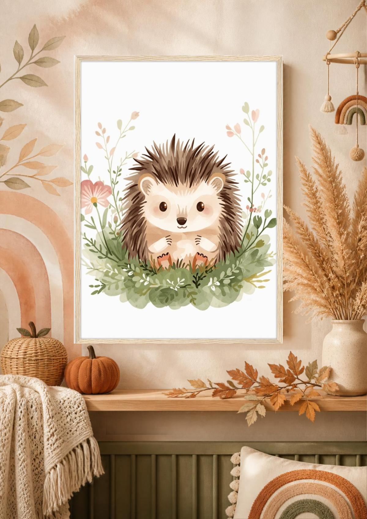Hedgehog Framed Print: Nursery Wall Art with Wildflowers A4-A2