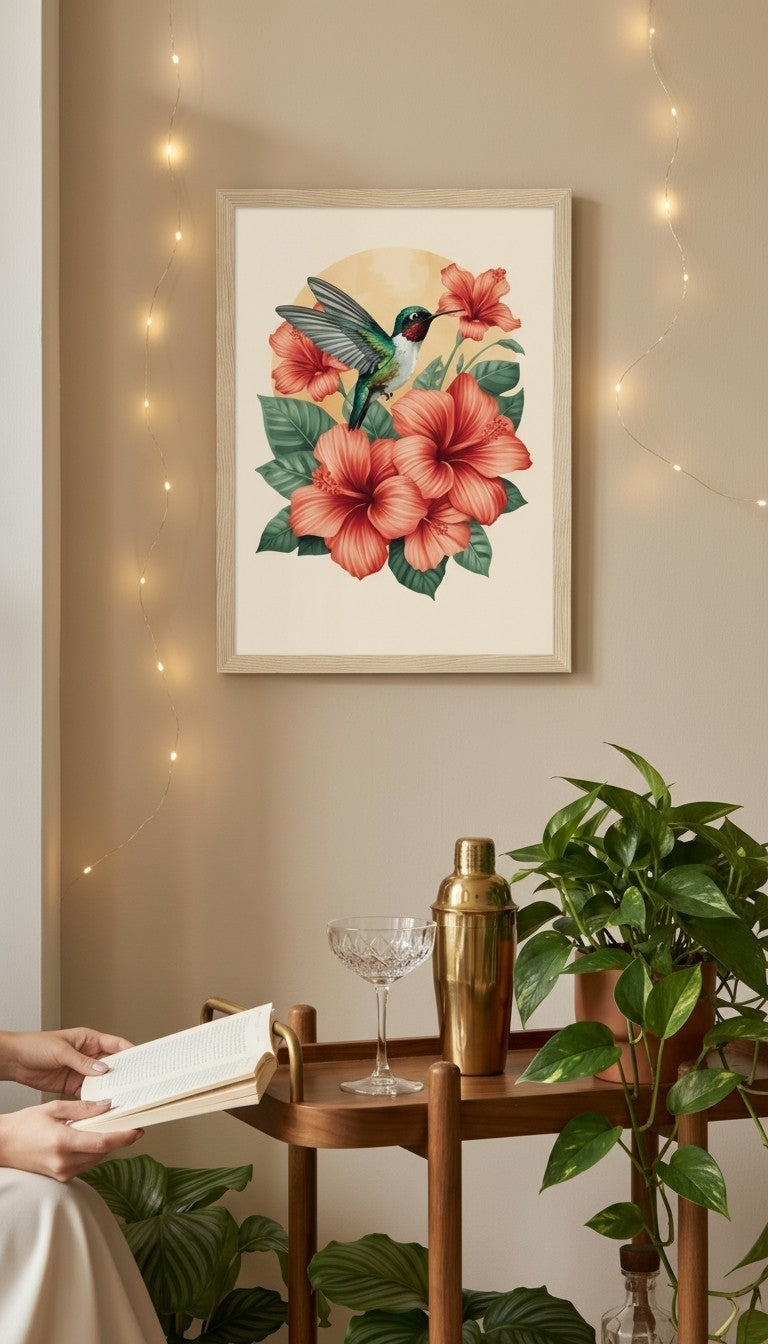 Hummingbird Framed Print: Tropical Hibiscus Wall Art A4-A2