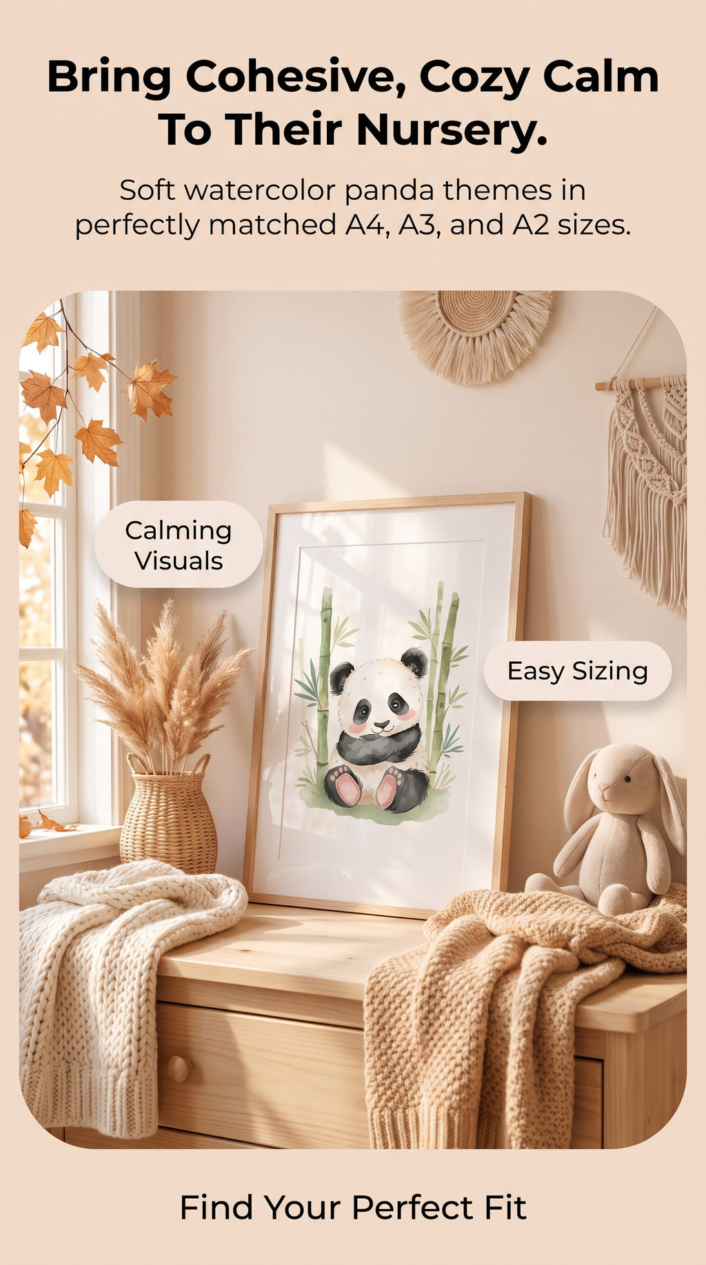 Cute Panda Nursery Wall Art: Framed Print A4 A3 A2