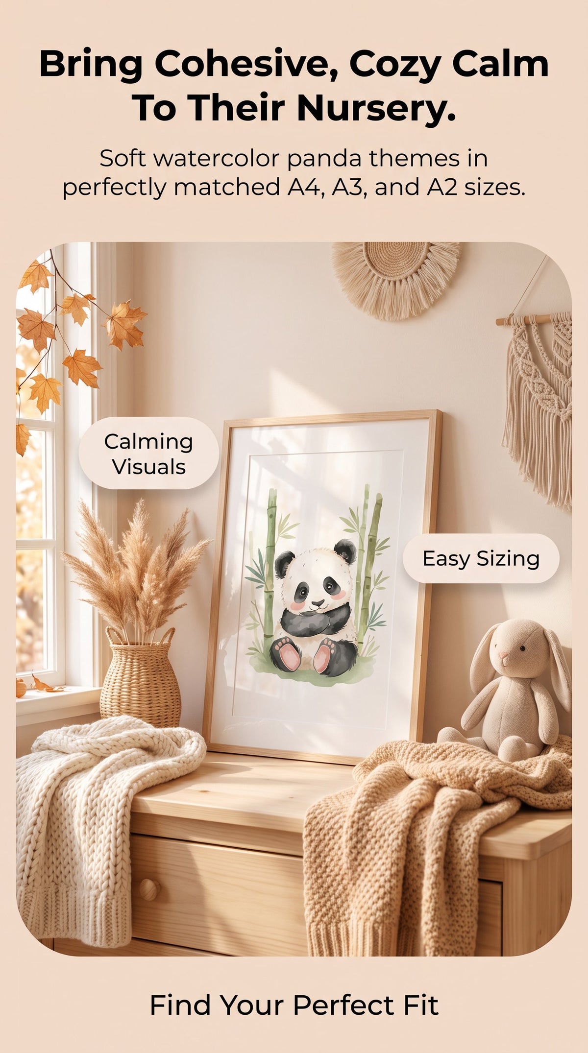 Cute Panda Nursery Wall Art: Framed Print A4 A3 A2