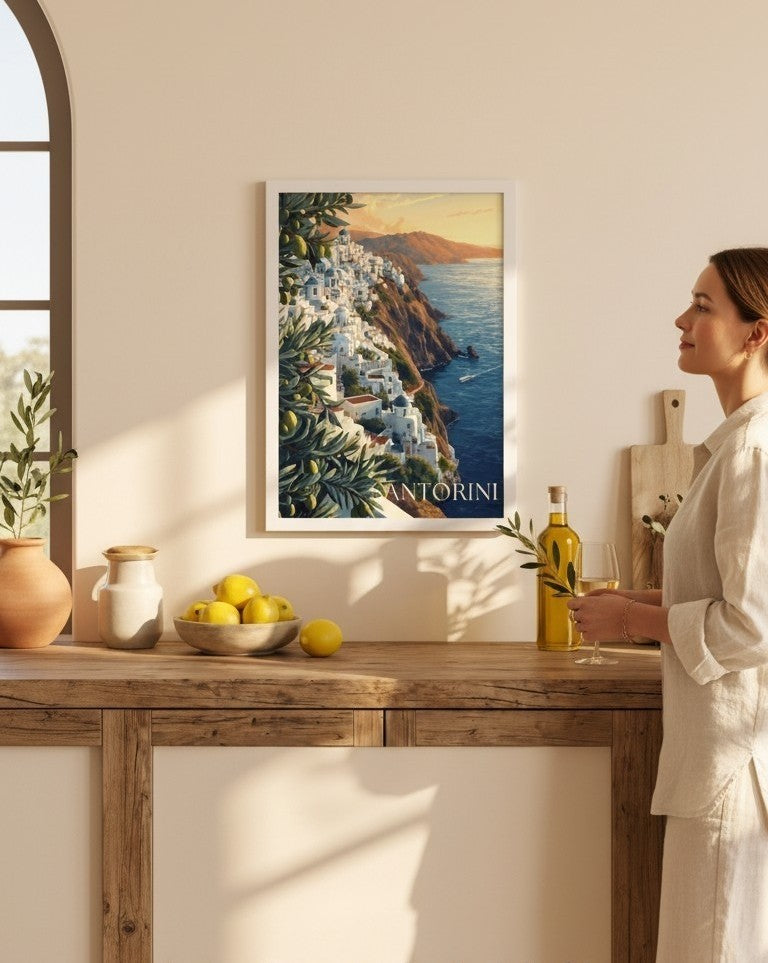 Santorini Framed Print: Greek Island Travel Poster Wall Art A4-A2
