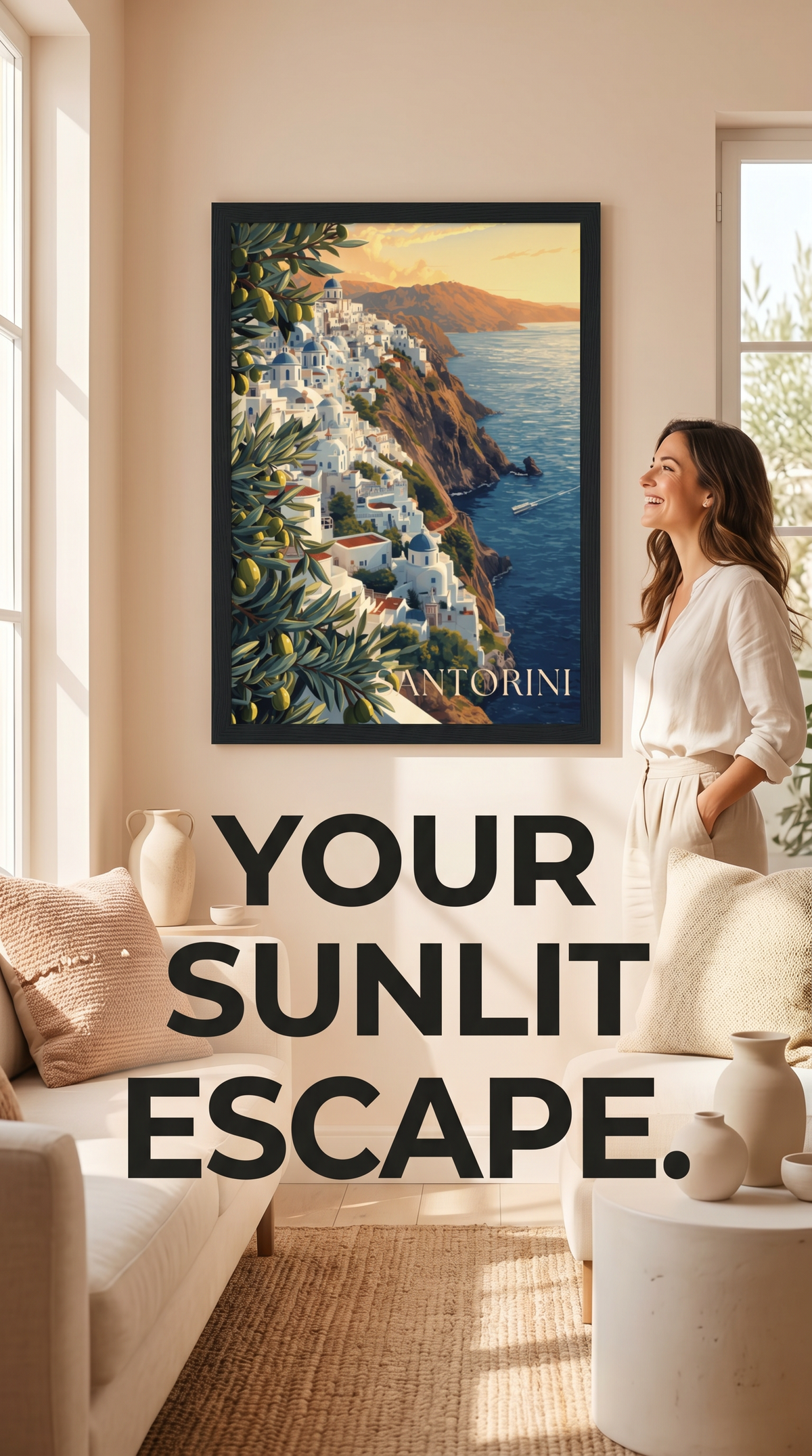 Santorini Framed Print: Greek Island Travel Poster Wall Art A4-A2