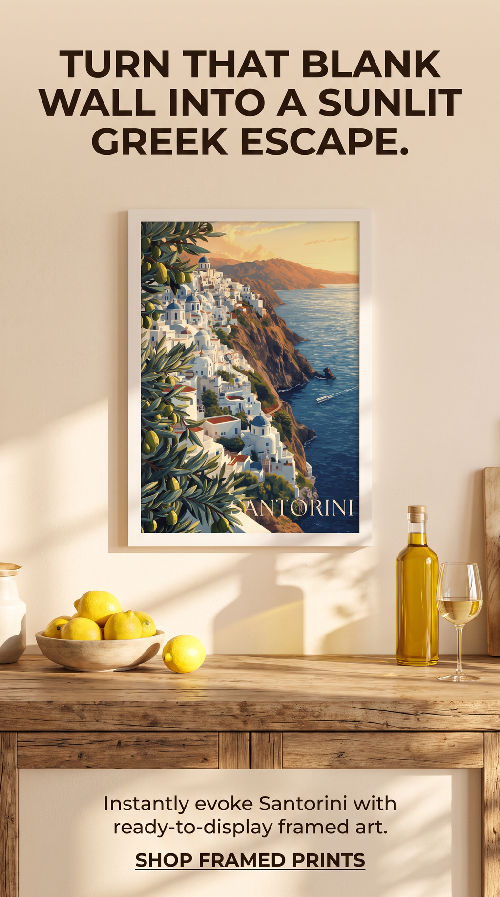 Santorini Framed Print: Greek Island Travel Poster Wall Art A4-A2