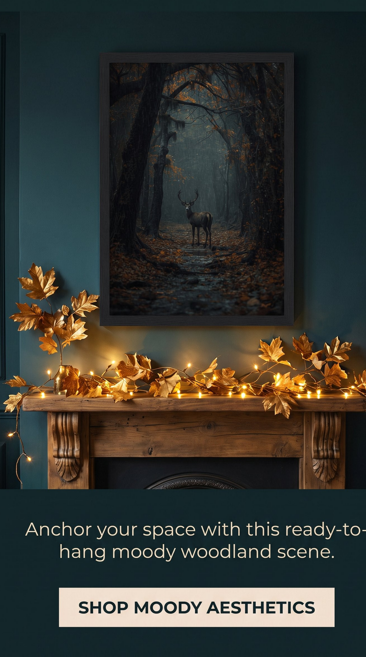 Stag in Woods Framed Print: Moody Forest Art A4-A2