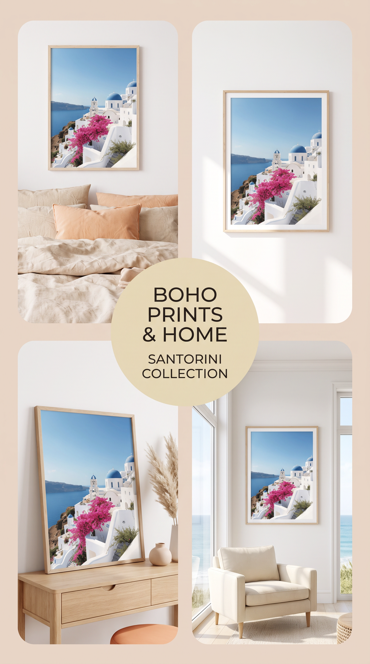 Santorini Greek Island Framed Print: Blue Domes Wall Art A4-A2