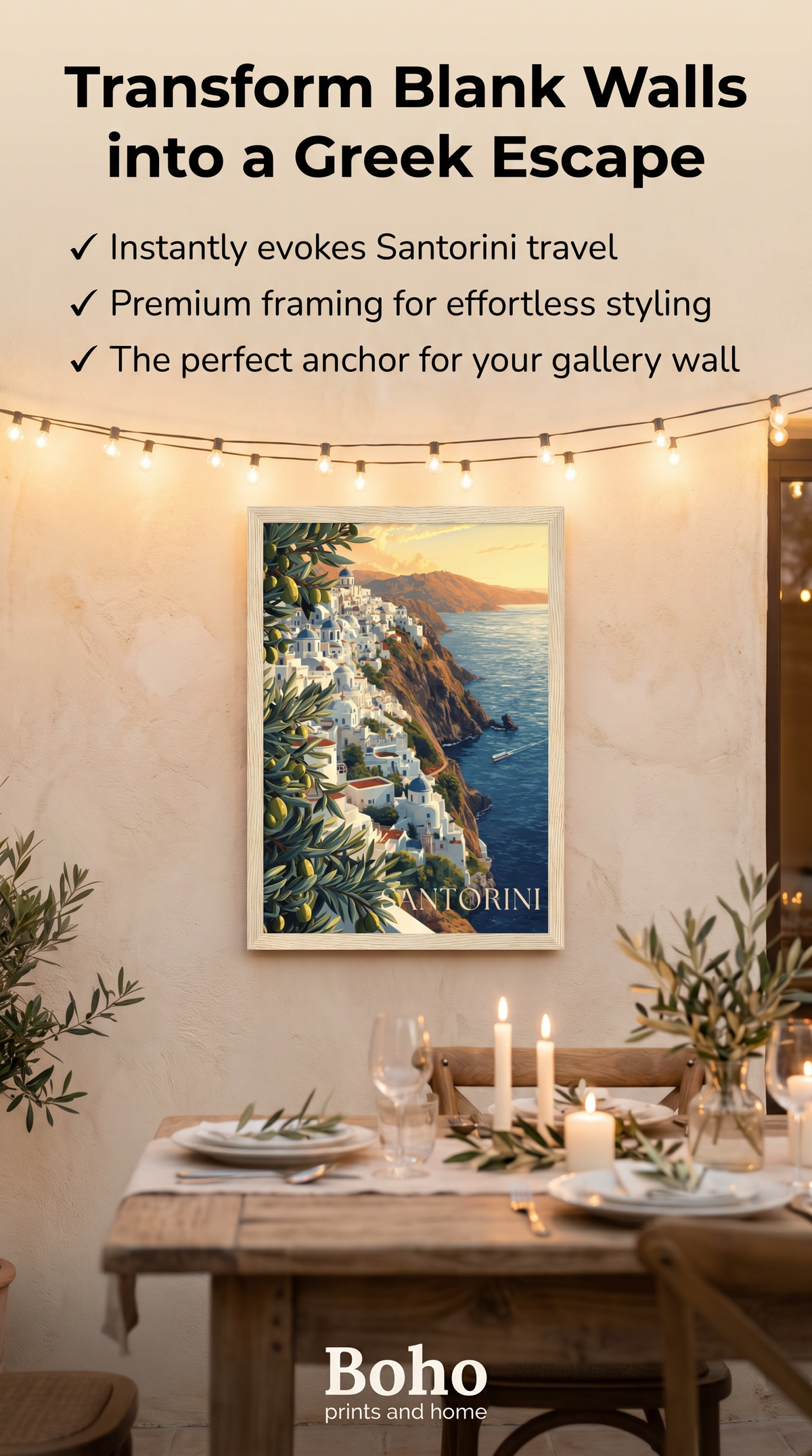 Santorini Framed Print: Greek Island Travel Poster Wall Art A4-A2