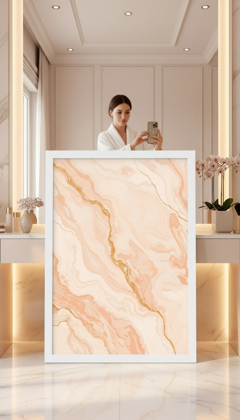 Peach & Gold Marble Effect Framed Print: A4 A3 A2
