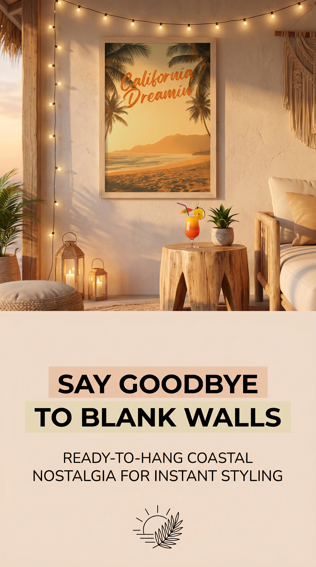 California Dreaming Beach Framed Poster: Sunset Palm Print A4-A2